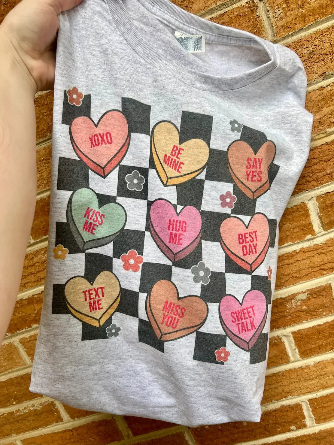 Checkered Conversation Heart Valentines Day Graphic Tee