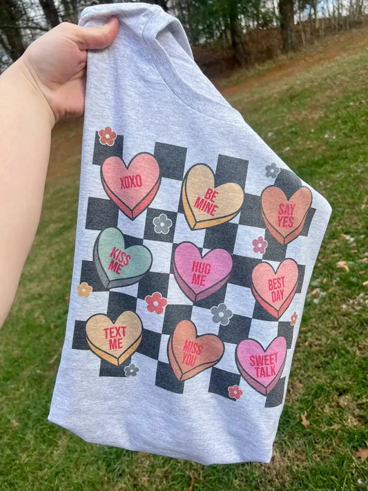 Checkered Conversation Heart Valentines Day Graphic Tee